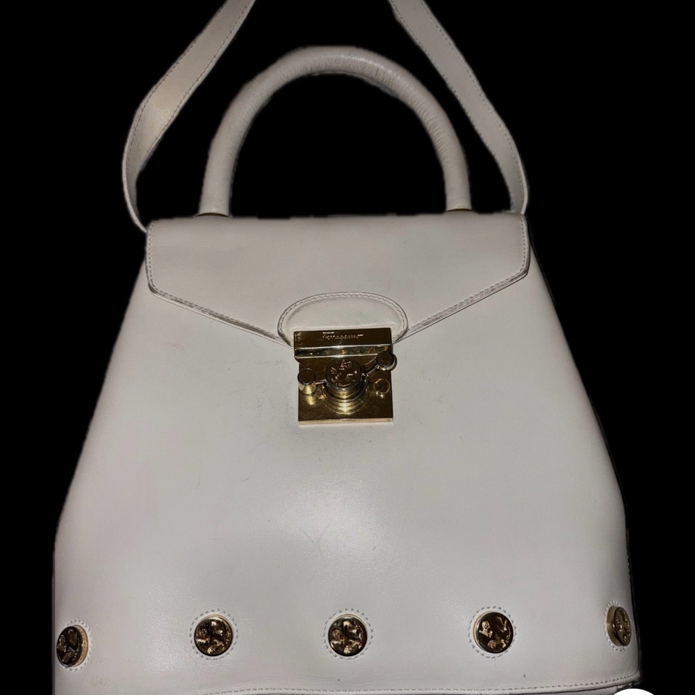 Salvatore Ferragamo Vintage Elegant White Handbag with Gold Accents